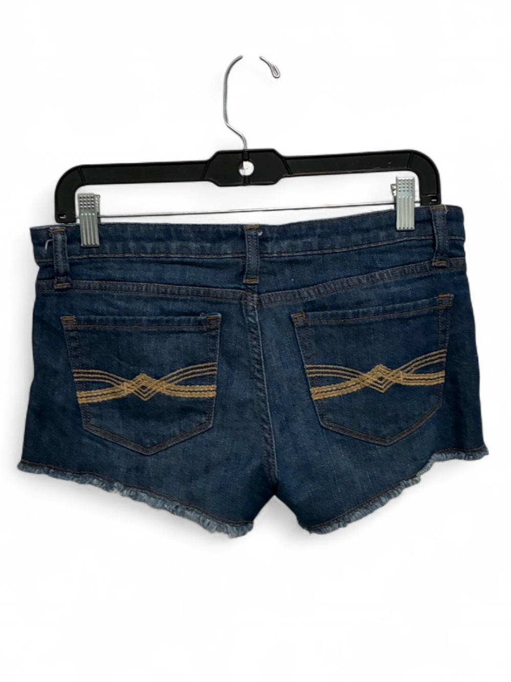 Y2K Mudd Dark Blue Denim Frayed Hem Shorts with Embroidered Back Pockets
